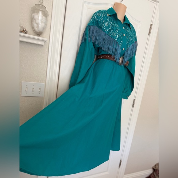 VTG 80s Lilia Guilty Smitty Smith Teal Green Fringed Western Cowgirl Maxi Dress - Picture 8 of 13